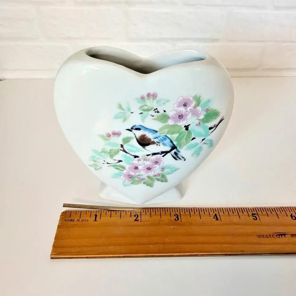 Vintage Bluebird Heart Shaped Ceramic Bud Vase Pink Floral Cherry Blossom White